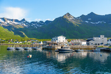 Fishing base in village Mefjordvaer, island Senja, Norway, Mefjord Brygge. Fishing village in summer day