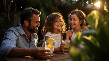 Happy family eating together outdoors. Smiling generation family sitting at dining table during dinner.