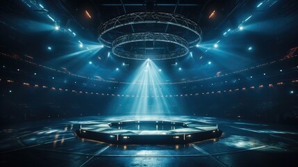Aufkleber - An boxing arena for intended for MMA matches, A stadium featuring a mesh floor and powerful spotlights.