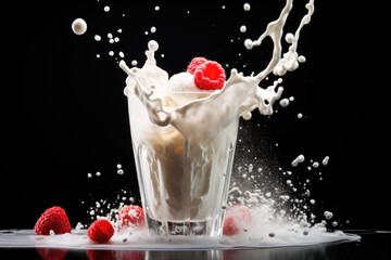 Wall Mural - Raspberries falling into milk, close up black background