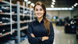 Young beautiful woman employee of auto parts store. Looks into the camera.