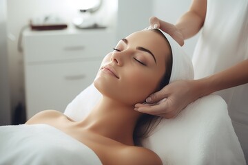  A young woman receiving a facial treatment at a beauty clinic