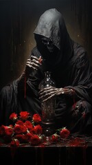 Halloween concept. Scary dead woman and red roses on dark background. Generative AI