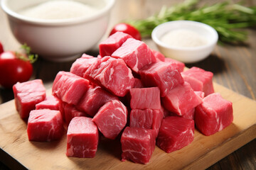 Wall Mural - Meat cubes on a wooden board as an ingredient for cooking.