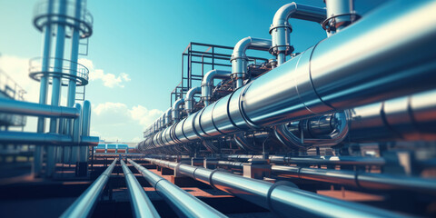 Pipeline and pipe rack of petroleum, chemical, hydrogen or ammonia industrial plant. Industrial zone Close up.