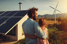 Dad And Daughter Are Standing Near The House With Installed Solar Panels. On The Back Board Are Wind Turbines. Renewable Green Energy Concept. AI Generated.