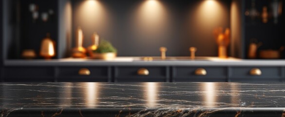 Modern empty dark marble table top or kitchen island on blurry bokeh kitchen room interior background. for montage product display. digital ai art, Generative AI