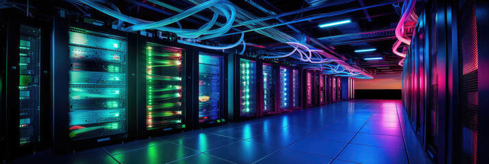 Server room with switch, internet cables and wires. Fiber optic equipment in data center. Network background