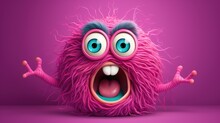 A Fluffy Ball-shaped Surprised Purple Colored Monster Screams And Waves Its Arms. Shocked Smiley Face. Funny Children's Toy.  Facial Expression. An Illustration Of A Varied Design.