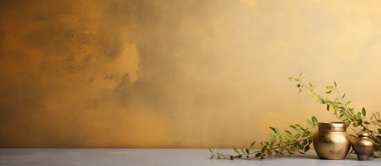 Canvas Print - Suitable backdrop for cosmetic product presentation and mock up featuring gold stucco table with nature shadow on concrete wall texture with copyspace for text