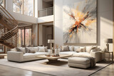 modern luxury living room with two large white couches high ceilings, and a big art piece