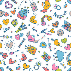 Wall Mural - Love background. Romantic seamless pattern. Valentine, wedding design. Wrapping paper. Hand drawn, sketch, doodle