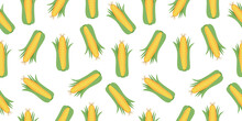 Seamless Pattern With Corn Cobs With Yellow Corn Grains And Green Leaves . Repeatable Illustrations Of The Ripe Corn On The Cob. Vector