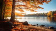 Lake and autumn trees in evening