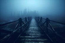 Scary Wooden Bridge In The Fog Over The Lake
