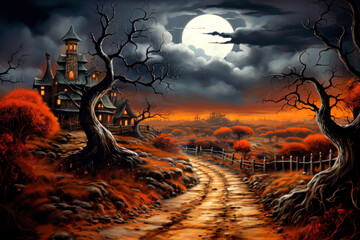 Sticker - Halloween spooky landscape paintnig, night, haunted castle