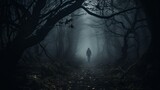 Fototapeta Las - Spooky unknown one person man walking in dark forest