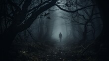 Spooky Unknown One Person Man Walking In Dark Forest