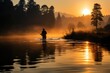 Fishing, a fisherman with a fishing rod on the shore of a lake or pond catches fish. Peaceful morning dawn and silence, fishing for perch crucian carp with bait, leisure hobby