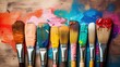 © Kevin - Row of artist paintbrushes closeup on artistic wooden background. Brushes with colorful paints, Generative AI