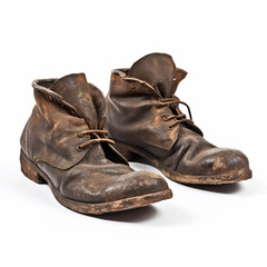 Old brown shoes with mud, 1800s, isolated on white background