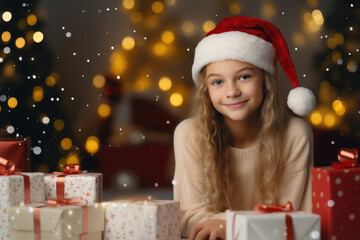 Girl in red santa hat near christmas gifts, christmass lights background