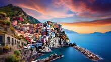 A Picturesque And Vibrant Cityscape Nestled Amidst The Mountainous Terrain Overlooking The Mediterranean Sea In Europe's Cinque Terre Region, Featuring Traditional Italian Architectural Charm.