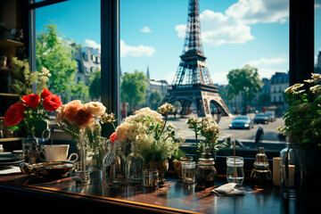 Poster - paris, france - october 1 6, 2 0 1 7 : paris - france. cafe with a glass of water and a glass of wine