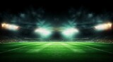 Fototapeta Sport - Green soccer field, bright spotlights, Generative AI 