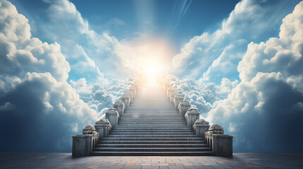 Wall Mural - Stairs to heaven heading up to skies, bright light from heaven door, Concept art, Epic light,Background illustration of stairs on the way to heaven,The way to success concept : stair on the cloud