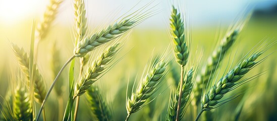 Selective focus on retro toned image of cultivated agricultural field with green wheat head in early stage of farming plant development with copyspace for text