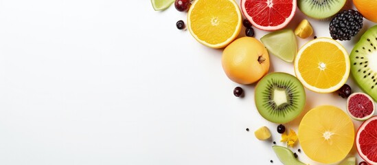 Wall Mural - Fruit flat lay featuring pineapple kiwi lemon papaya coconut pomegranate and carambola Creative food concept