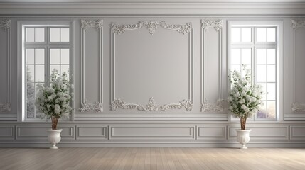 Classical empty room interior 3d render,The rooms have wooden floors and gray walls ,decorate with white moulding,there are white window looking out to the nature view.