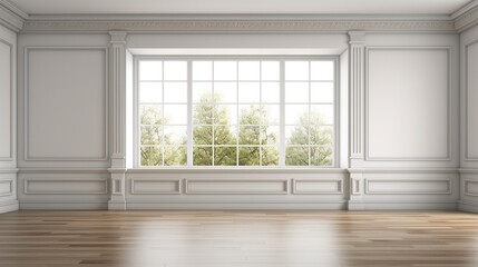 Classical empty room interior 3d render,The rooms have wooden floors and gray walls ,decorate with white moulding,there are white window looking out to the nature view.