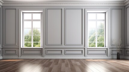 Wall Mural - Classical empty room interior 3d render,The rooms have wooden floors and gray walls ,decorate with white moulding,there are white window looking out to the nature view.