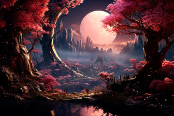 Poster - fantasy landscape with a fantasy forest and a moon