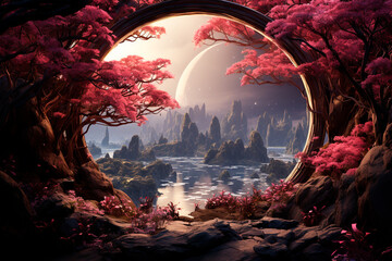 Canvas Print - fantasy landscape with a fantasy forest and a moon