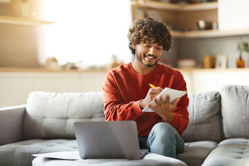 Poster - Online Education. Indian Male Study With Laptop At Home And Taking Notes