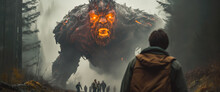 A Huge Beast Has Awakened In The Mountains, It Is Made Of Stone And Fire, Cinematic Scene Style