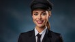 Smiling woman in a flight attendant uniform on a plain background. Woman in uniform. Successful woman. Air travel.