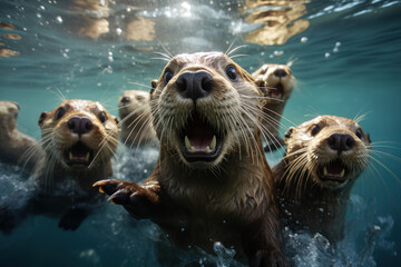 Wall Mural - A group of playful otters engaged in a synchronized swimming routine, splashing water joyfully. Concept of aquatic acrobatics. Generative Ai.