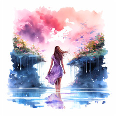 Wall Mural - Girl in a waterfall in nature watercolor paint