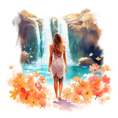 Wall Mural - Girl in a waterfall in nature watercolor paint