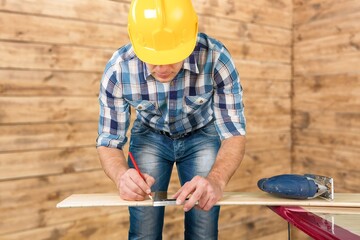 Poster - Carpenter man at work in factory workplace