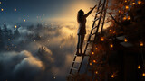 Fototapeta  - Woman on a ladder reaching for a box out of reach,