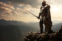 Medieval Knight Standing On The Cliff And Holding A Sword. 3d Render
