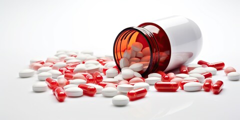 Red and white pills and tablets spilling out of a drug bottle isolated on white background. Close up at medicine capsules. Healthcare and medical 3D illustration