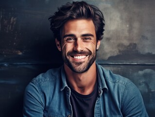 Photo portrait of a handsome man smiling with clean teeth. Dental advertisement