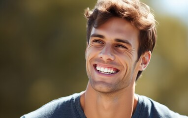 Photo portrait of a handsome man smiling with clean teeth. Dental advertisement