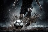 Fototapeta Sport - men player playing soccer, football, fight dribbling, soccer boots. Soccer ball on a green large football field during training and in a championship match